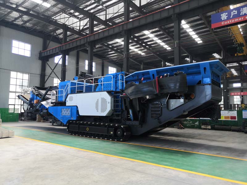 three mobile units including a feeder machine, impact crusher, and screening equipment